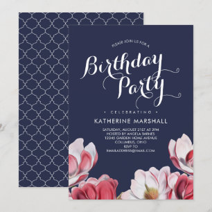 Southern Magnolia Birthday Party Midnight Blue Invitation