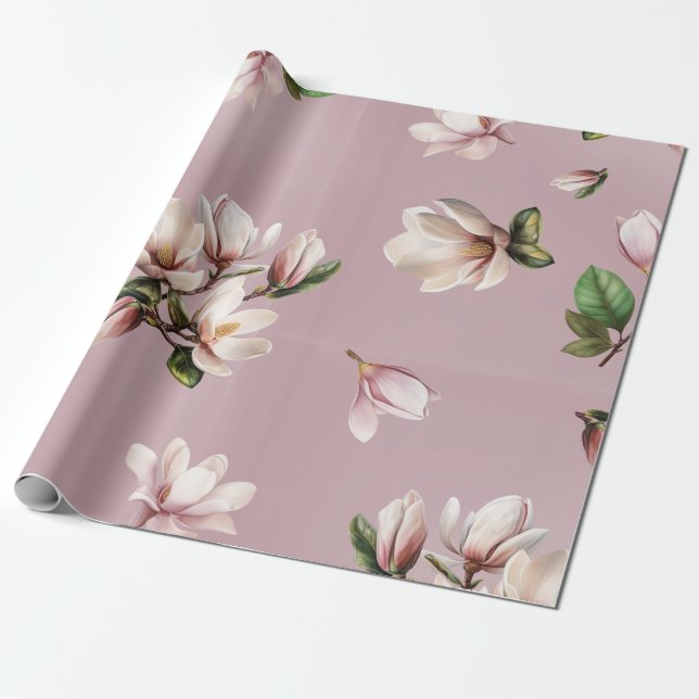 Southern Magnolia Blooms Mauve Pattern Wrapping Paper (Unrolled)