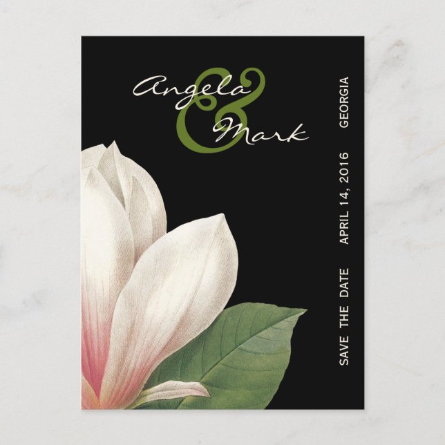 Southern Magnolia Flower Wedding | Elegant Black Announcement Postcard (Front)