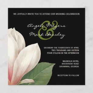 Southern Magnolia Flower Wedding   Elegant Black Invitation