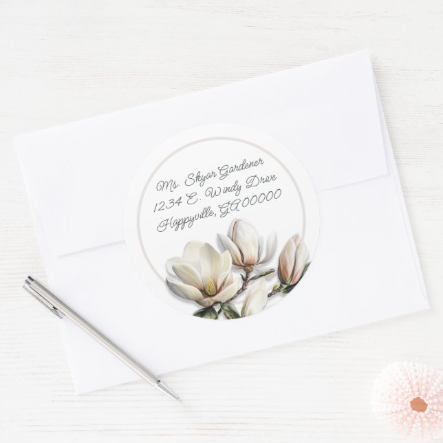 Southern Magnolia Flowers Return Address Classic Round Sticker (Envelope)