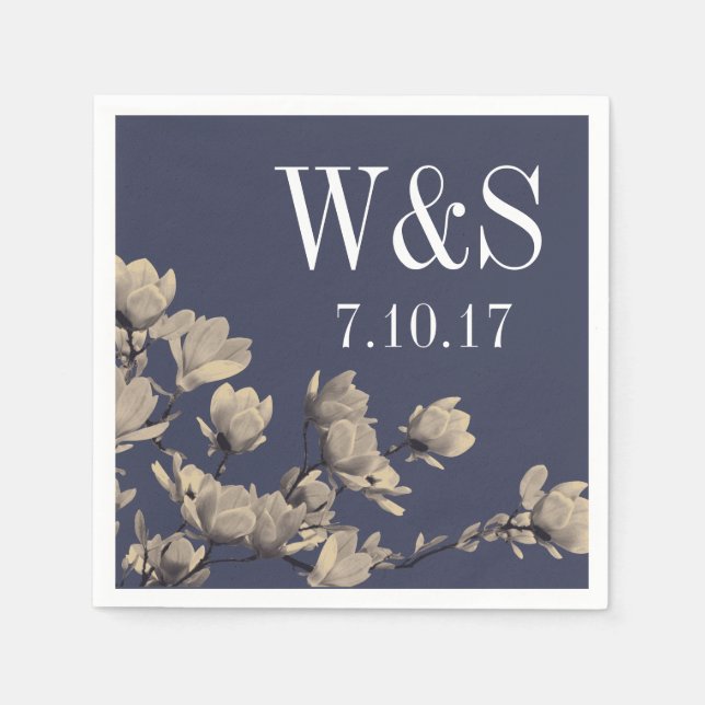 Southern Magnolias & Midnight Blue Wedding Napkin (Front)