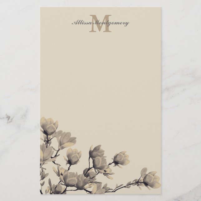 Southern Magnolias & Taupe Name & Initial Stationery (Front)