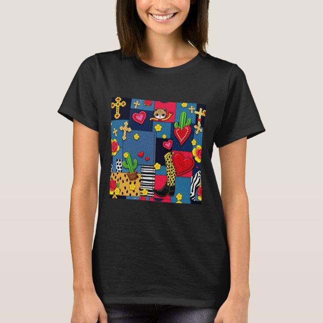 Southern Patchwork Print Sticker  T-Shirt (Front)