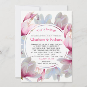 Southern Pink Magnolia Blossoms Wedding Invitation