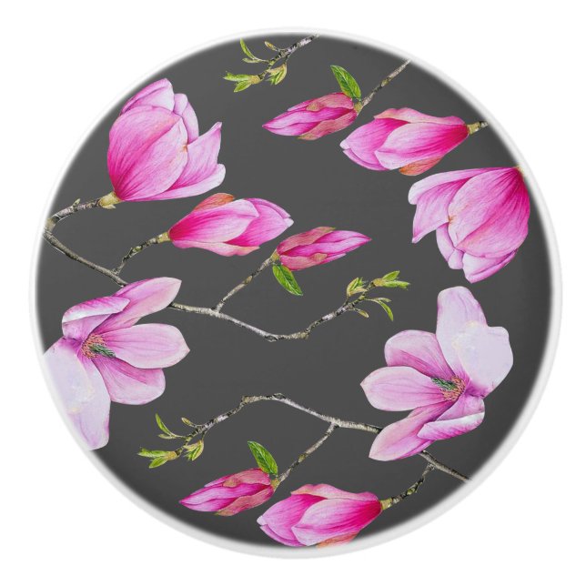 Southern Pink Magnolias & Grey Ceramic Knob (Front)