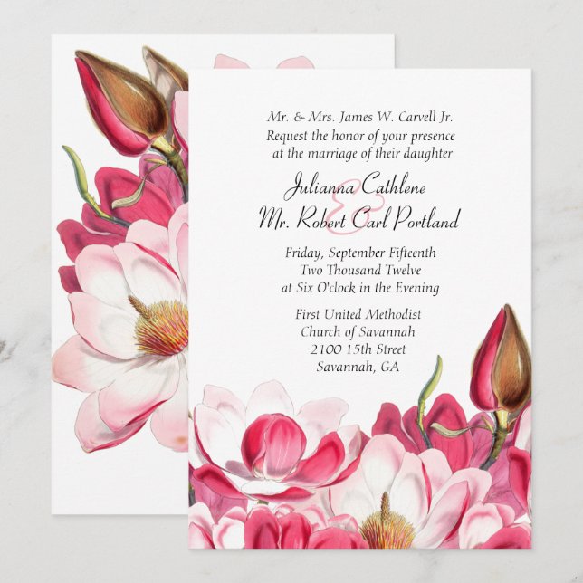 Southern Pink Magnolias Wedding Invitation (Front/Back)