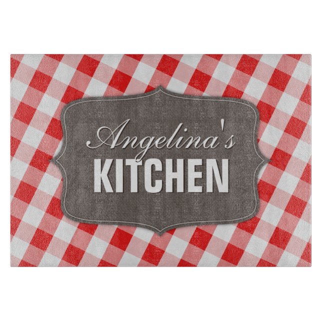 Southern Red Gingham Rustic Glass Cutting Board (Front)