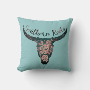 Southern Roots Country Longhorn Pink Rose & Green Cushion