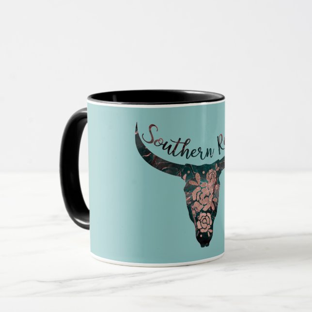 Southern Roots Country Longhorn Pink Rose & Green Mug (Front Left)