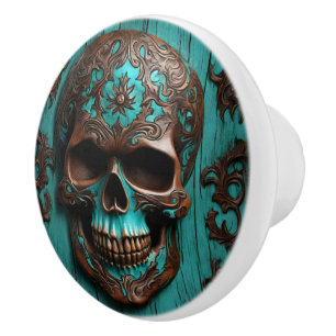 Southern Turquoise Día De Muertos Sugar Skull Ceramic Knob