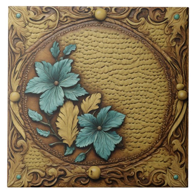 Southern Western Country Beige Turquoise Floral  Ceramic Tile (Front)