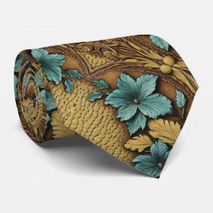 Southern Western Country Beige Turquoise Floral  Tie