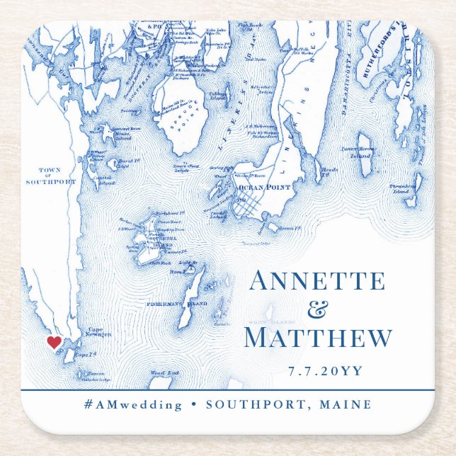 Southport Boothbay Maine Map Wedding Cocktail Hour Square Paper Coaster (Front)