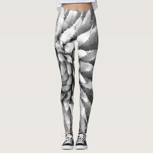Southwest Agave Abstract Black and White, Name Leggings (Front)