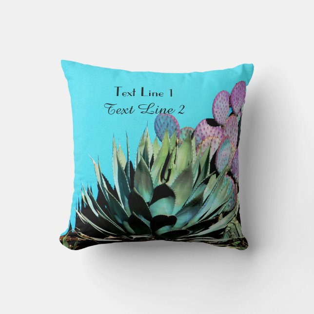 Southwest Agave and Purple Cactus on Turquoise Cushion (Front)