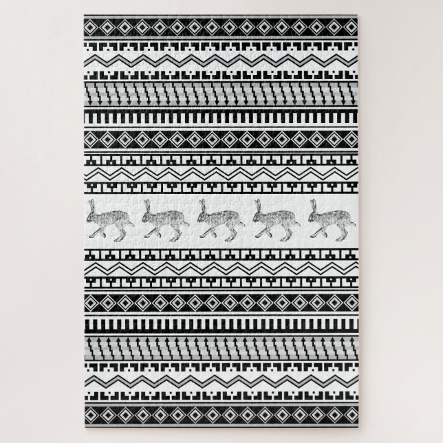 Southwest Black and White Rabbit Geometric Pattern Jigsaw Puzzle (Vertical)