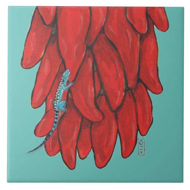 Southwest Blue Lizard Red Chile Pepper Mural Ceramic Tile (Front)