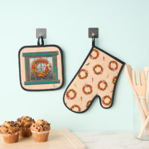 Southwest Blue Weathered Window and Chile Wreaths Oven Mitt & Pot Holder Set