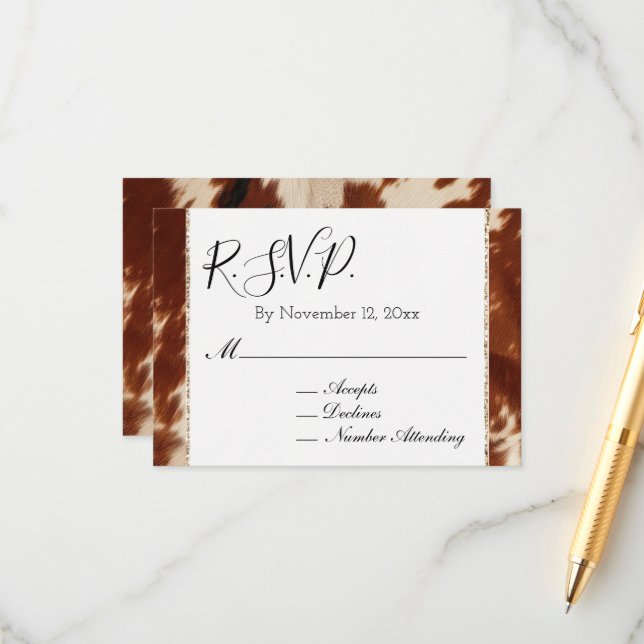Southwest Brown Cream Animal Cowhide Wedding RSVP Enclosure Card (Front/Back In Situ)