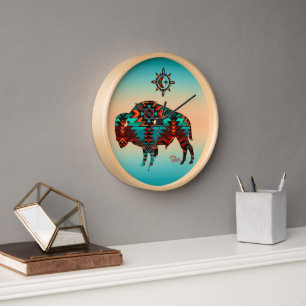 Southwest Buffalo Round Wood Wall Clock
