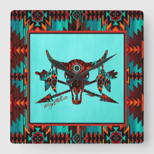 Southwest Buffalo Skull & Arrows Square Wall Clock