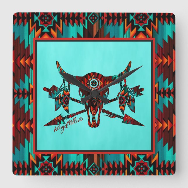 Southwest Buffalo Skull & Arrows Square Wall Clock (Front)
