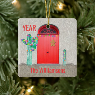 Southwest Cactus Christmas Lights Red Door Ceramic Ornament