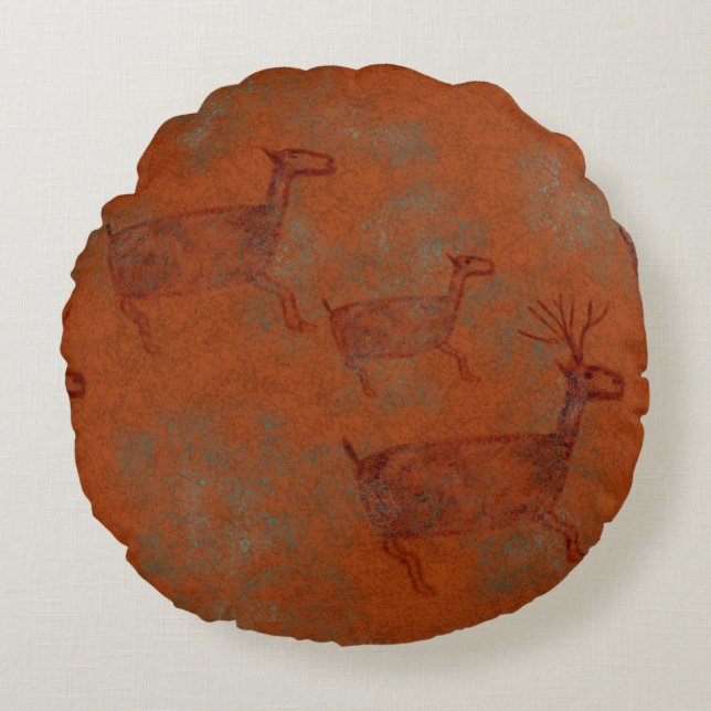 Southwest Canyons Copper Coloured Deer Petroglyphs Round Cushion (Front)