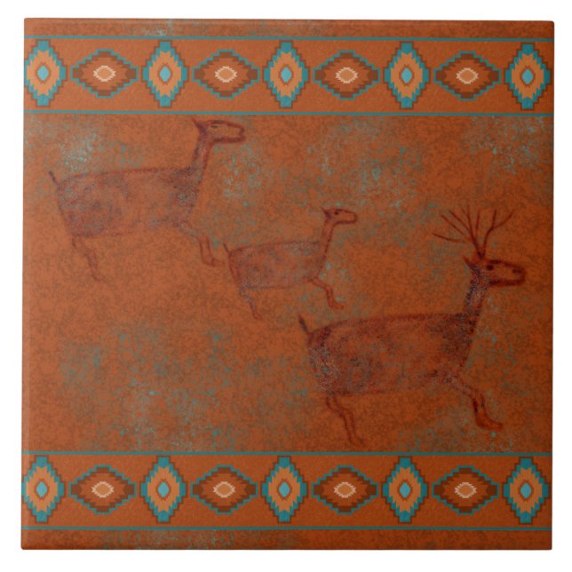 Southwest Canyons Deer Petroglyph Bordered  Ceramic Tile (Front)