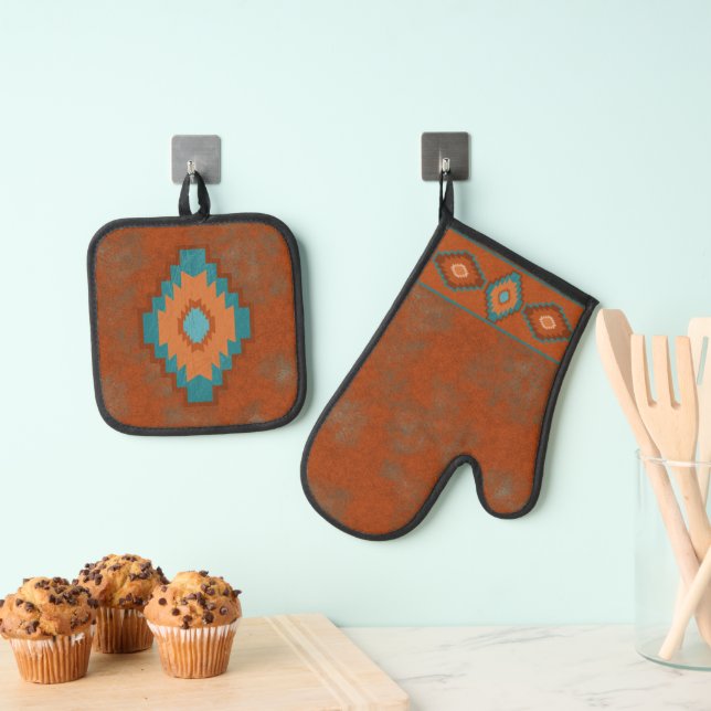 Southwest Canyons Geometric Design Oven Mitt & Pot Holder Set (Insitu(Hanging))