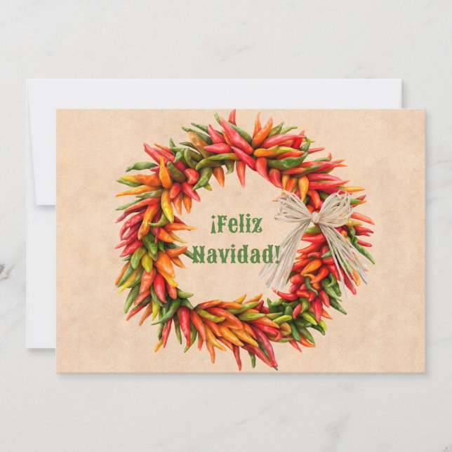 Southwest Chile Ristra Wreath Flat Feliz Navidad Holiday Card (Front)