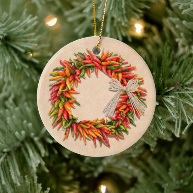 Southwest Chile Ristra Wreath on Adobe Wall Ceramic Ornament (Tree)