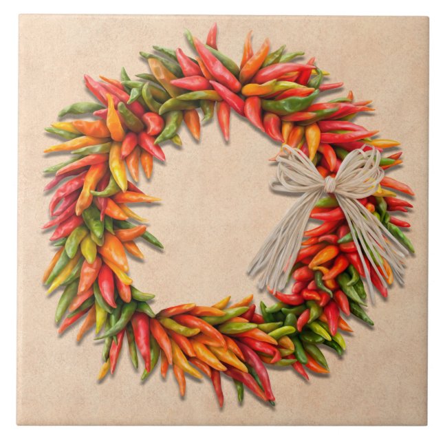 Southwest Chile Ristra Wreath on Adobe Wall Ceramic Tile (Front)