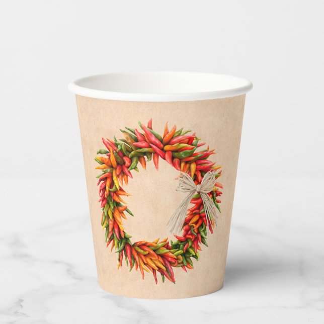 Southwest Chile Ristra Wreath on Adobe Wall Paper Cups (Front)