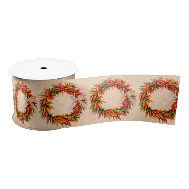 Southwest Chile Ristra Wreath on Adobe Wall Satin Ribbon (Spool)