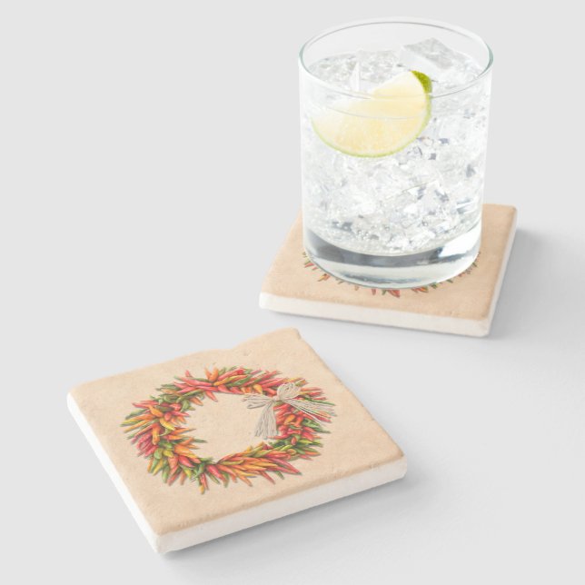 Southwest Chile Ristra Wreath on Adobe Wall Stone Coaster (Side)