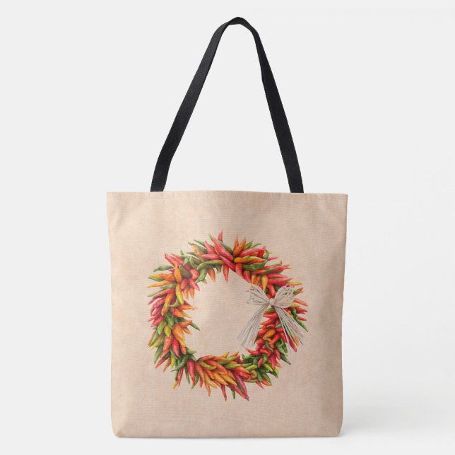 Southwest Chile Ristra Wreath on Adobe Wall Tote Bag (Front)
