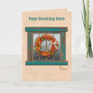 Southwest Chile Ristra Wreath Rustic Blue Window Card