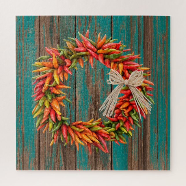Southwest Chile Ristra Wreath Weathered Blue Wood Jigsaw Puzzle (Vertical)