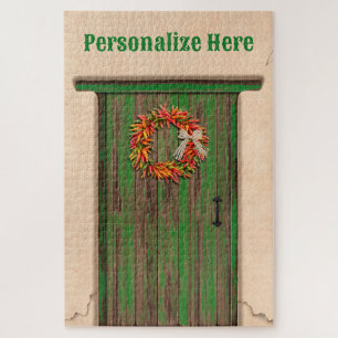 Southwest Chile Ristra Wreath Weathered Wood Door Jigsaw Puzzle