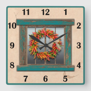 Southwest Chile Wreath Blue Window Basic Numbers  Square Wall Clock