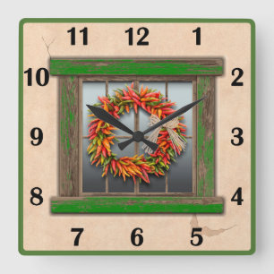 Southwest Chile Wreath Green Window Basic Numbers Square Wall Clock