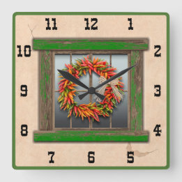 Southwest Chile Wreath Green Window Western Number Square Wall Clock