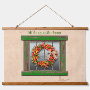 Southwest Chile Wreath on Old Green Wood Window Hanging Tapestry