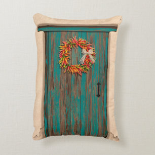 Southwest Chile Wreath on Rustic Blue Wood Door Decorative Cushion