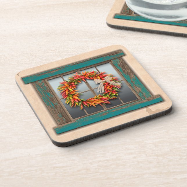Southwest Chile Wreath on Rustic Blue Wood Window Coaster (Left Side)