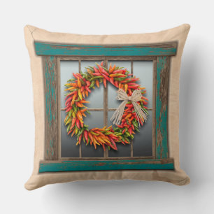 Southwest Chile Wreath on Rustic Blue Wood Window Cushion
