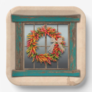 Southwest Chile Wreath on Rustic Blue Wood Window  Paper Plate