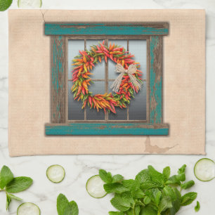 Southwest Chile Wreath on Rustic Blue Wood Window Tea Towel